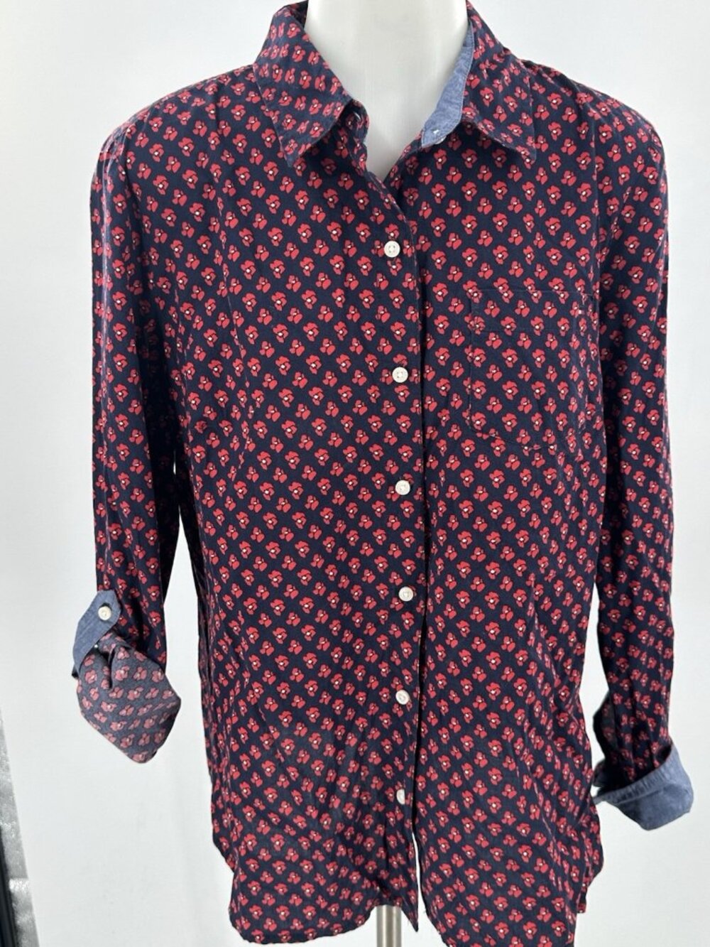 Tommy Hilfiger Women’s Button Up Blouse Poppy Flower July 4 Blue Red Roll Tab Lg